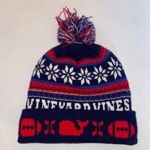Vineyard Vines Red Blue Beanie Hat One Size Knit Watch Cap Snowflakes Whales